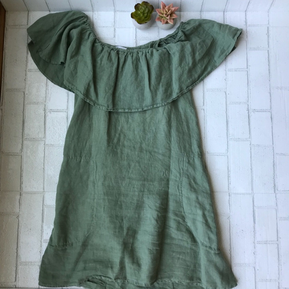 Off The Shoulder Army Green Linen dress w/pockets